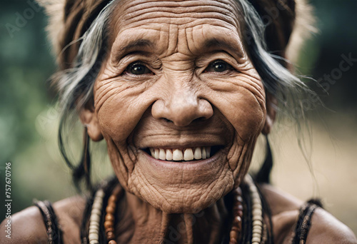 Mulher indígena brasileira idosa sorrindo. photo