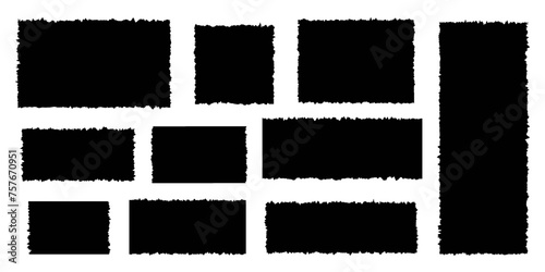 Black silhouette square rectangles isolated on white background. Set of rough torn paper different shape with ragged edges photo