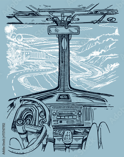 Vector illustration in cartoon style, of car interior with landscape seen through windshield.