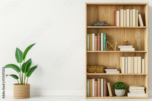 3D Render of a minimalist bookshelf, showcasing favorite reads and decorative items, on isolated white background, Generative AI