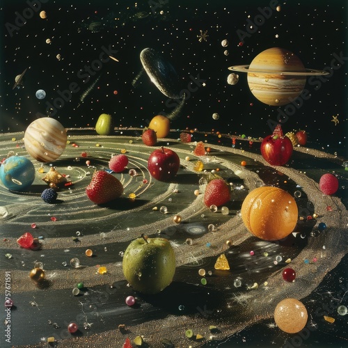 A fantasy scene where fruits are planets in a miniature solar system complete with rings and moons