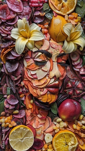 A mosaic of fruit peels artfully arranged to create a portrait or landscape scene
