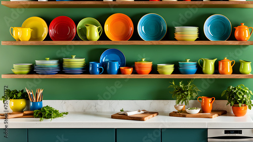 Wallpaper Mural Kitchen wooden shelves with colorful plates and bowls neatly arranged, cutlery display
 Torontodigital.ca