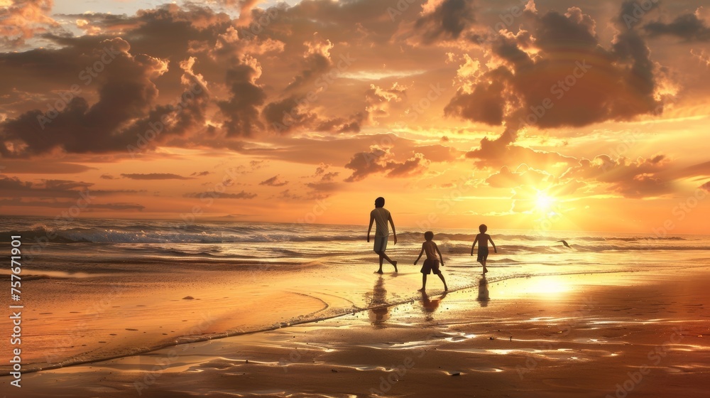 Heartwarming Family Beach Fun at Sunset AI Generated
