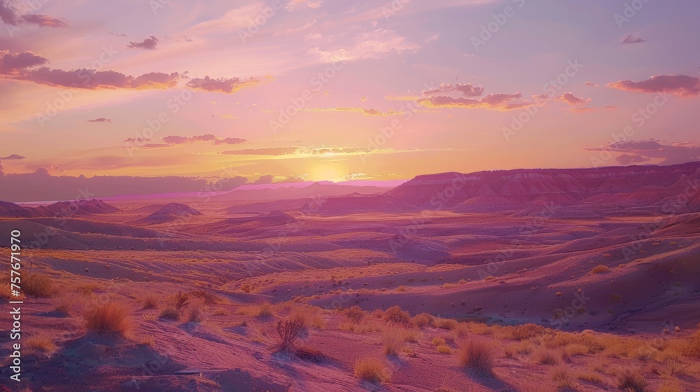 Sunset Over Vast Desert Landscape in Pink Tones