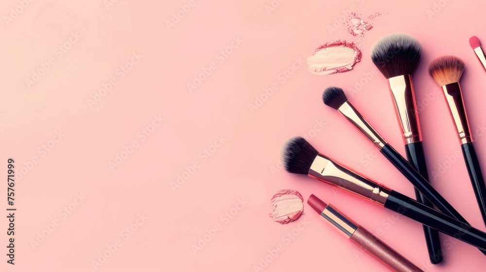Banner-ready fashion and beauty blog format with top-view makeup products on peach background, plenty of copy space - obrazy, fototapety, plakaty 
