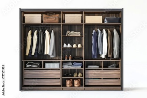 3D Render of a spacious wardrobe with sliding doors, providing ample storage for clothing and accessories, on isolated white background, Generative AI
