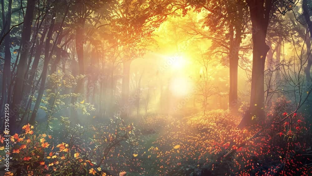 beautiful sunset in fantasy forest fantasy background. seamless looping overlay 4k virtual video animation background beautiful sunset in fantasy forest fantasy background. seamless looping overlay 4k virtual video animation background