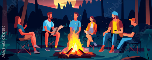 hikers sitting near campfire hiking camping concept people spend time at night summer camp in forest friends company on vacation
