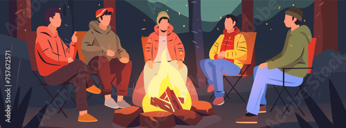 hikers sitting near campfire hiking camping concept people spend time at night summer camp in forest friends company on vacation