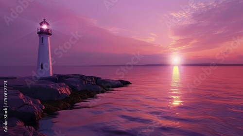 Majestic Coastal Lighthouse in Pink and Purple Sunset.