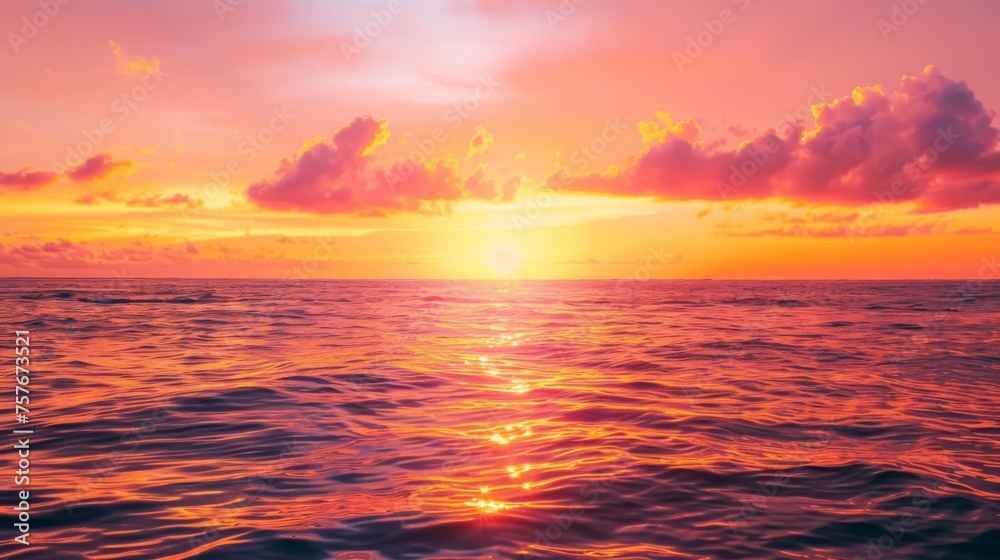 Vibrant Orange and Pink Summer Sunset over Ocean Panorama