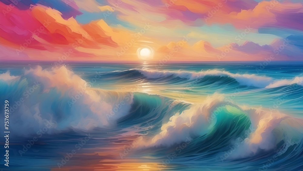 Colorful sky and ocean wave abstract background. Oil painting style.