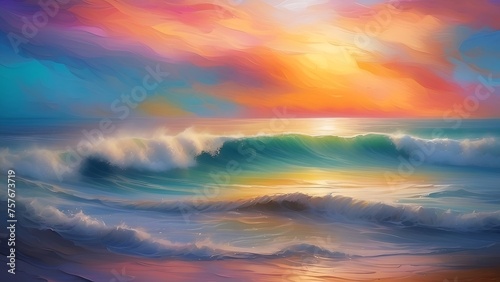 Colorful sky and ocean wave abstract background. Oil painting style.