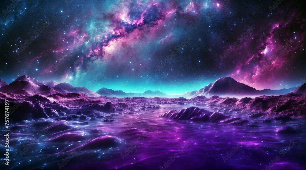 Majestic vista unfolds, showcasing a range of snow-capped mountains silhouetted against a vibrant purple and blue nebula background.