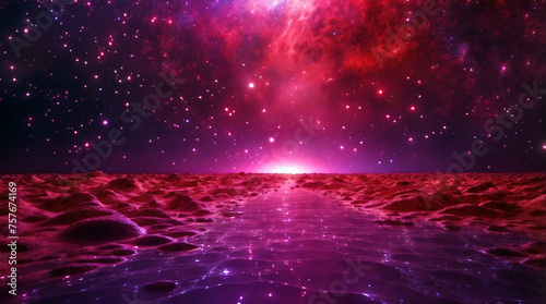 Breathtaking vista unfolds, showcasing a vibrant red and purple night sky filled with countless twinkling stars. The Milky Way stretches across the center, casting a soft glow on the landscape below.