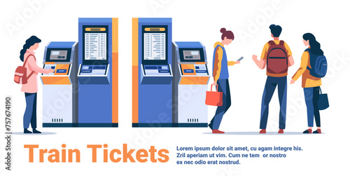Passengers buying electronic train tickets at self service digital terminal railway railroad transport concept copy space