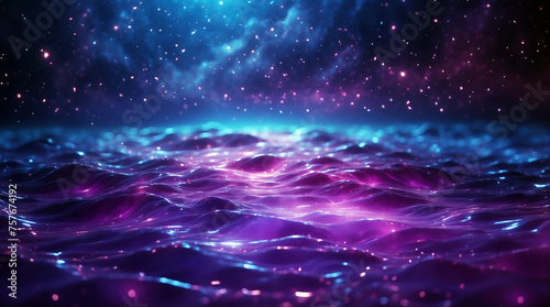 Starry night sky with swirling blue and purple hues. The waves appear to mimic the movement of the sky in a cosmic ocean.