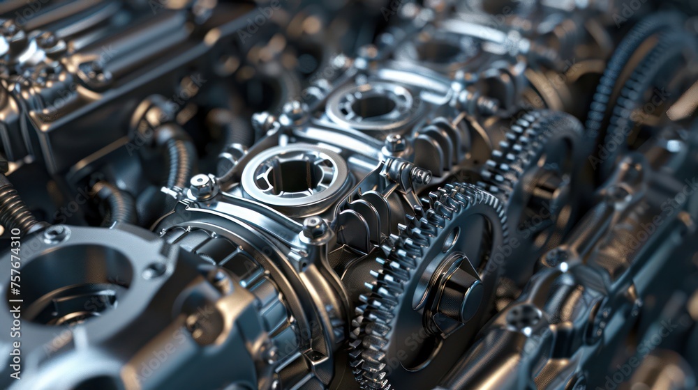 Background adorned with shiny metallic machinery and gears.
