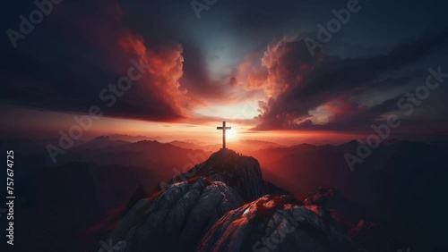 Holy Saturday scene with a cross atop a mountain, silhouetted against the evening sky, evoking reflection and anticipation photo