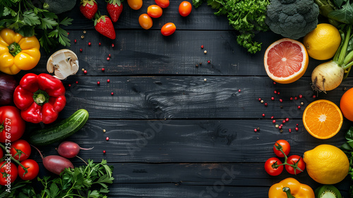 Fresh vegetables on black wooden background, top view with copy space. 
Healthy food. Vegetables and fruits. On a black wooden background. photo