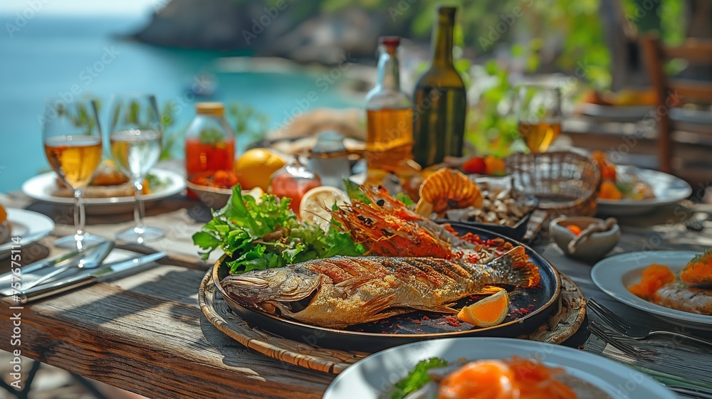 A panoramic view of fresh seafood and healthful cuisine A panoramic view of fresh seafood and healthful cuisine
