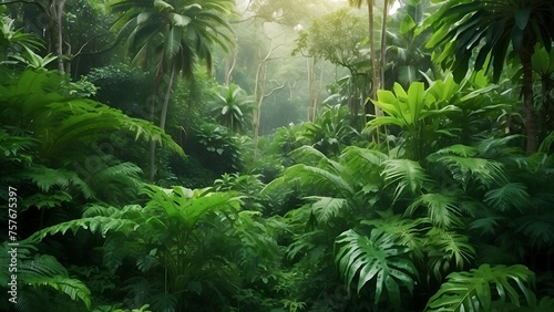 Tropical green leaves. Lush jungle background