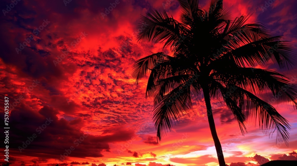 Dramatic Sunset Palm Tree Silhouette on Beach
