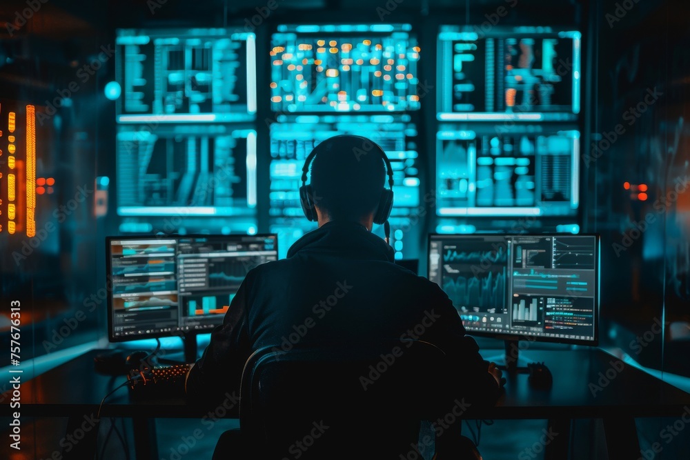 Digital Analyzing Data Center on Multiple Screens in a Modern Cybersecurity Lab Environment Digital Analyzing Data Center on Multiple Screens in a Modern Cybersecurity Lab Environment