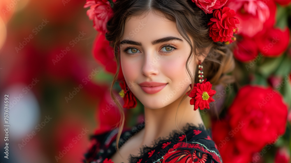 Beautiful Mexican woman in colorful traditional ruffled dress dancing during Cinco de Mayo festivities..