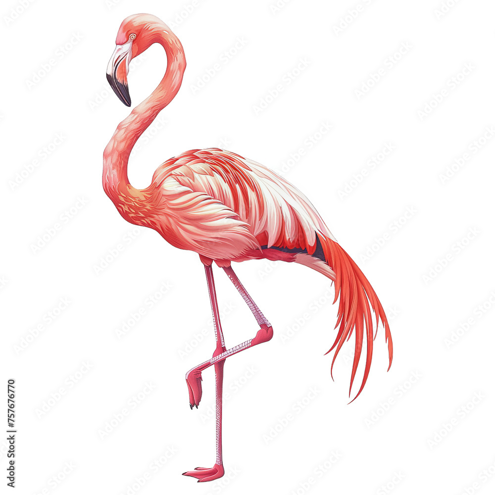 Naklejka premium Pink flamingo standing alone by a tranquil lake, showcasing its vibrant feathers in a stunning display of nature's beauty