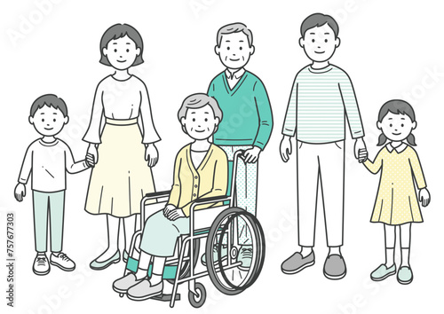 三世代の家族が集合した全身イラスト