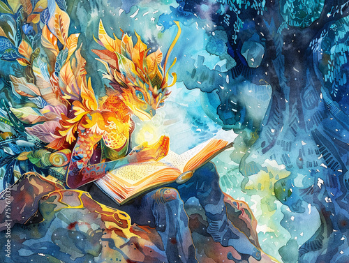 Watercolor An ethereal studious creature bathed in vibrant