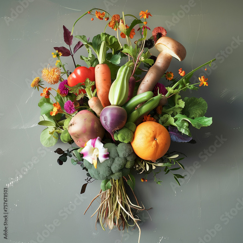 bouquet of fresh vegetables on a gray background, top view. veggie bouquet with mandrain orange, beet, green radish , red radish, brown mushroom, purple potato, okra, carrot. photo