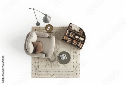3D Render top down view of a cozy reading nook with comfortable chair, floor lamp, side table, and bookshelves, on isolated white background, Generative AI