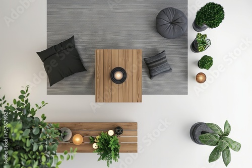 3D Render top down view of a serene meditation space with cushions, yoga mat, candles, and plants, on isolated white background, Generative AI