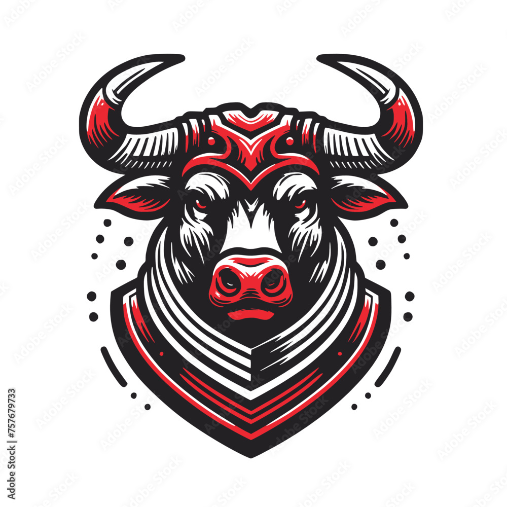 head of bull wear armor with scary face red graphic t-shirt design vector illustration