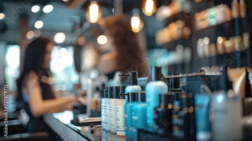 A backdrop of a modern beauty salon with a blurred effect, highlighting both customers and beauty care products.