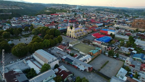 Drone flying toward Majestic San Francisco de Castro Church, Unesco Heriatage site, Castro. Chiloé