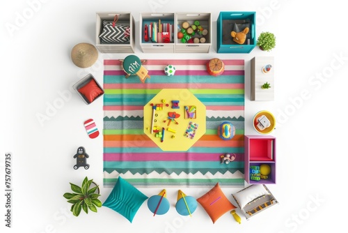 3D Render top down view of a vibrant playroom with play table, toy storage bins, bookshelves, and colorful rug, on isolated white background, Generative AI