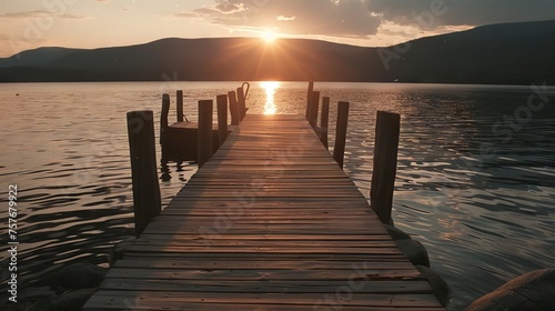 Serene Sunset Over Mountain Lake Wooden Dock. © Newaystock