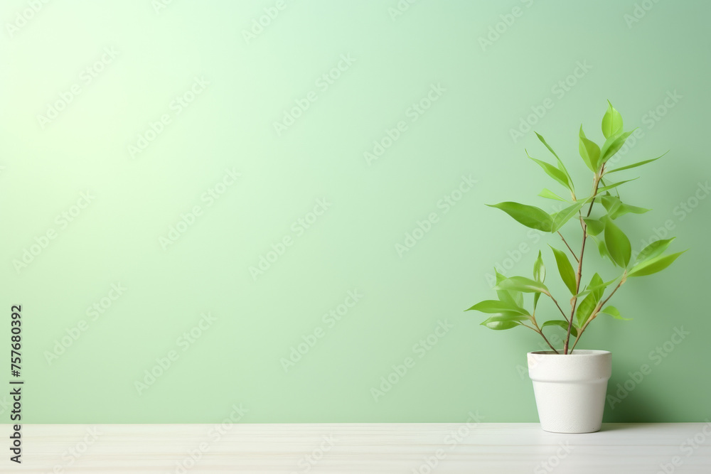A white potted plant sits on a wooden table in front of a green wall