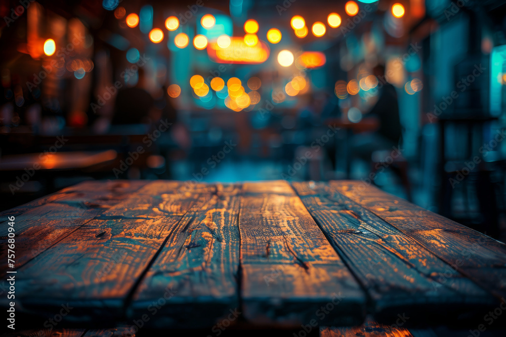 Rustic wooden empty table up close, the interior of a vintage restaurant or coffee shop on a blurred background... Rustic wooden empty table up close, the interior of a vintage restaurant or coffee shop on a blurred background...