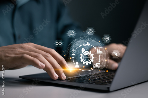 LCA, Life cycle assessment concept. Carbon footprint evaluation and environmental impact assessment related to product value chains. businessman using laptop with globe and LCA icon on virtual screen. photo