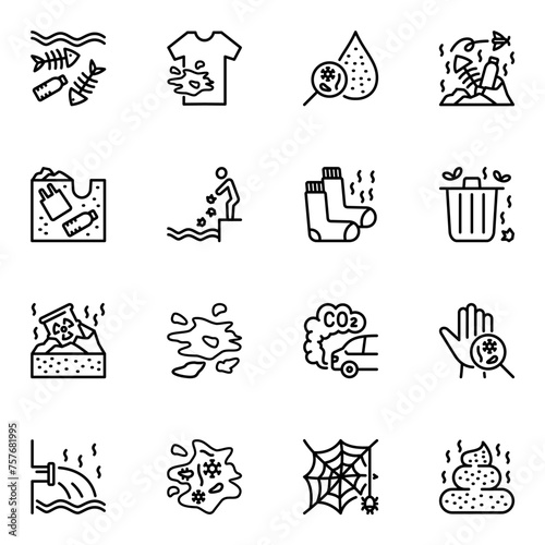 dirty related vector line icons set. messy, pollution, problem, damage, dust, smoke, outline, carbon, dioxide, graphic, pile, plastic, toxic, pollute, poison, ecology