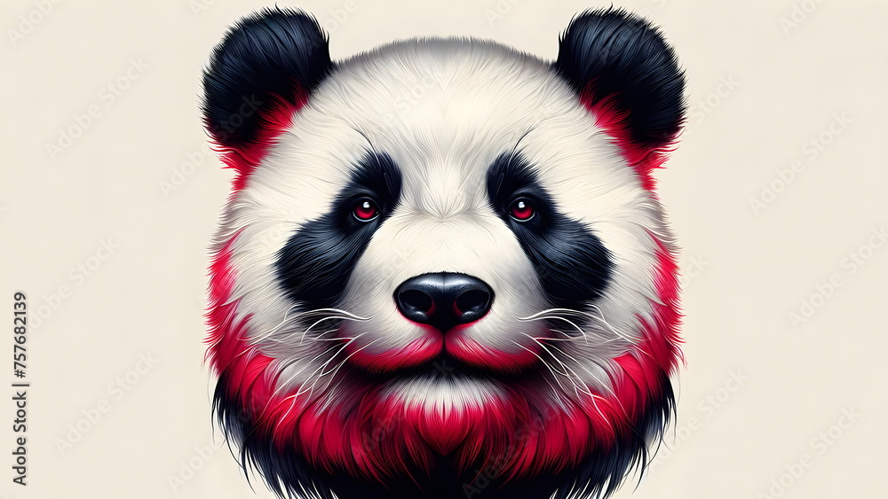 a panda bear face with red and white paint a panda bear face with red and white paint