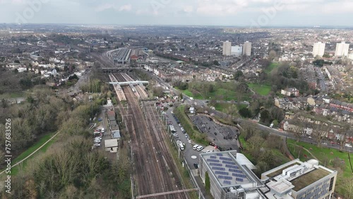 Train on Railway line Hornsey North London UK drone,aerial photo