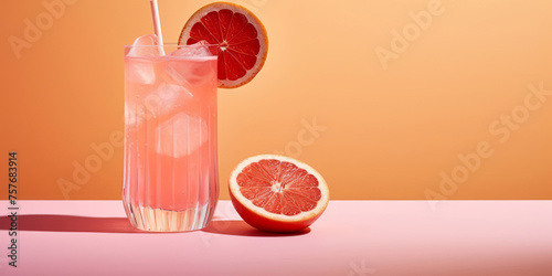 A rosemary-infused grapefruit cocktail in stock photos, its minimal retouching, caninecore, paleocore, and y2k aesthetic apparent in light navy and pink. photo