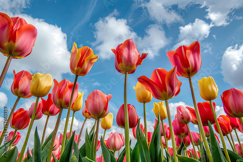 Vibrant Dutch tulips are showcased against a backdrop of a blue sky with white clouds  a picturesque and colorful scene.