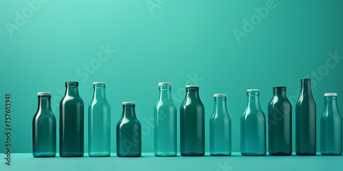Plastic bottles sit on a green-blue background, their minimalist graphic designer style, bold color palate, and vibrant color combinations apparent in light teal and light maroon.